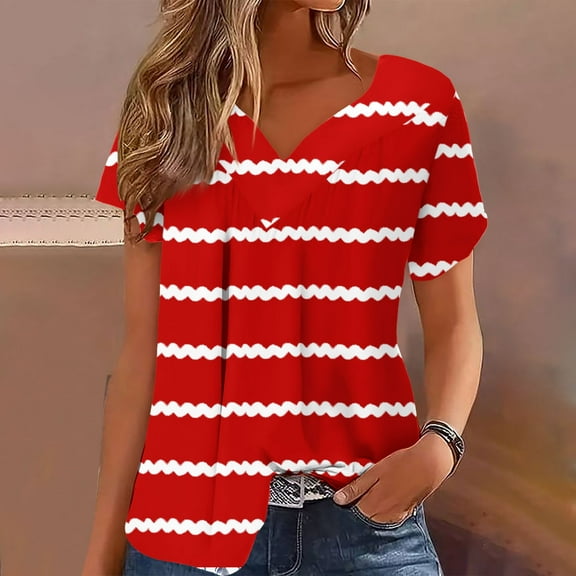 Fartey Plus Size V Neck Tops for Women Trendy Striped Print Short Sleeve T Shirts Loose Fit Daily Tees Soft Lightweight Summer Casual Blouses Red S-5XL