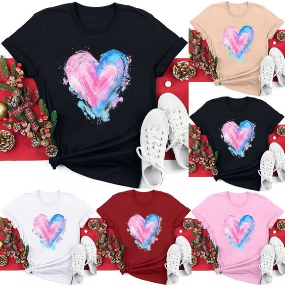 Fartey Plus Size Valentine's Day Shirt for Women Funny Love Heart Print Short Sleeve Crewneck Tees Loose Fit Casual Holiday Tshirt Fashion Party Tops Pink 2XL