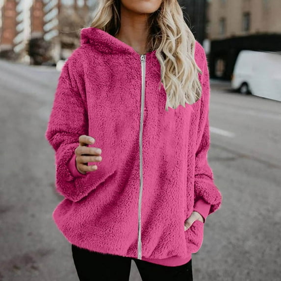 Fartey Plus Size Winter Fleece Coat for Women Fuzzy Zip Up Hoodie Coats Casual Loose Long Sleeve Warm Jackets Fashion Simple Solid Color Outerwear with Pockets