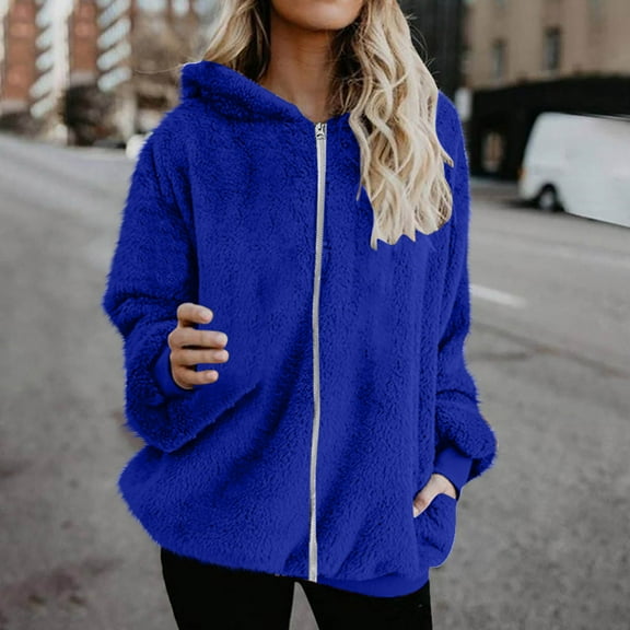 Fartey Plus Size Winter Fleece Coat for Women Fuzzy Zip Up Hoodie Coats Casual Loose Long Sleeve Warm Jackets Fashion Simple Solid Color Outerwear with Pockets