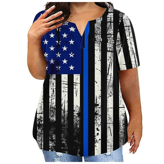 Fartey Plus Size Women American Flag Shirt 4th of July Patriotic V Neck T Shirts Fashion Stars Stripe Graphic Tees Loose Casual Short Sleeve Festival Tops Blue XXL