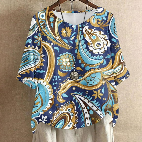 Fartey Plus Size Women Cotton Linen T Shirts Casual Loose 3/4 Sleeve Shirts Vintage Floral Printed Tees Shirt Dressy Casual Tunic Blouses Fashion Beach Holiday Tops Navy S-5XL