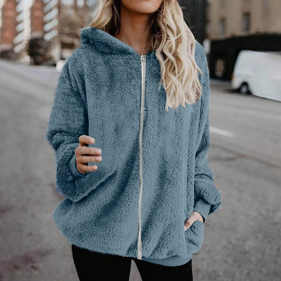 Fartey Plus Size Women Fuzzy Fleece Jacket Oversized Sherpa Faux Fur Coat with Hood Winter Warm Shaggy Coats Soft Comfy Solid Color Long Sleeve Outwear with Pockets