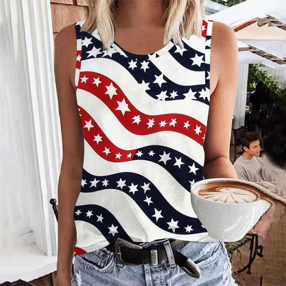 Fartey Plus Size Women Idependence Day Tank Tops American Flag Patriotic T-Shirts Casual Summer Sleeveless Crewneck Basic Vest Tees Fashion Stars Stripes Print Tanks Multicolor M