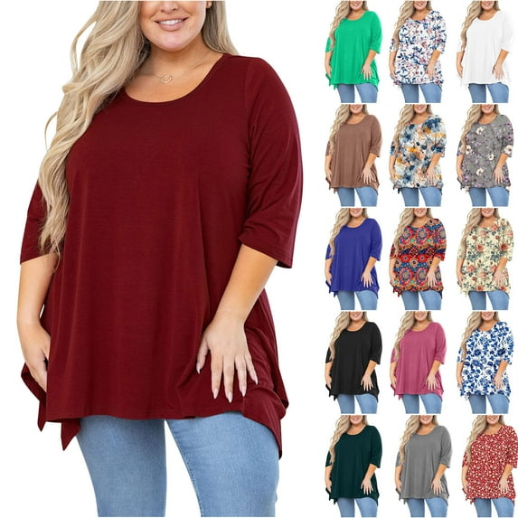 Fartey Plus Size Women Tunic Tops Slim Fit 3/4 Sleeve Shirts Soft Casual Summer Solid Color Crewneck Tshirts Loose Flowy Side Split Hem Blouses Blue 2XL
