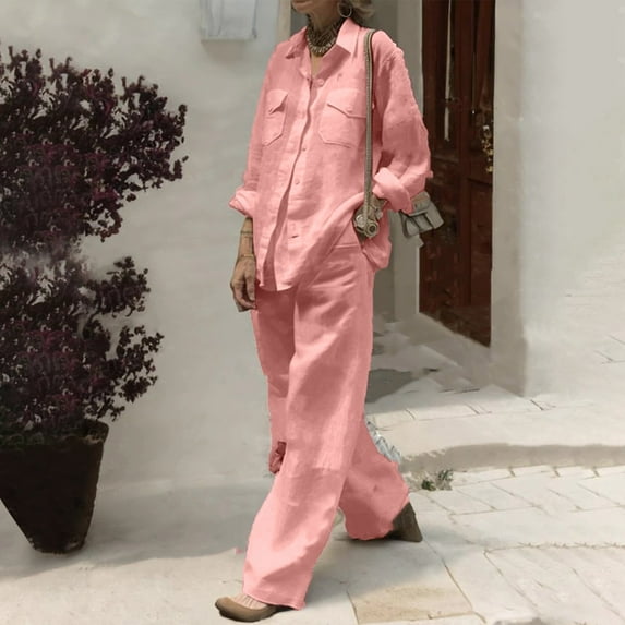 Fartey Plus Size Womens 2 Piece Cotton Linen Sets Solid Color Button Lapel Shirts and Comfy Wide Leg Pants Fashion Fall Lounge Set Suits