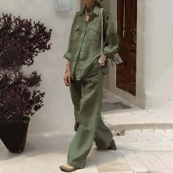 Fartey Plus Size Womens 2 Piece Cotton Linen Sets Solid Color Button Lapel Shirts and Comfy Wide Leg Pants Fashion Fall Lounge Set Suits