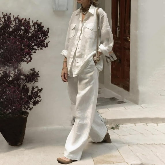 Fartey Plus Size Womens 2 Piece Cotton Linen Sets Solid Color Button Lapel Shirts and Comfy Wide Leg Pants Fashion Fall Lounge Set Suits