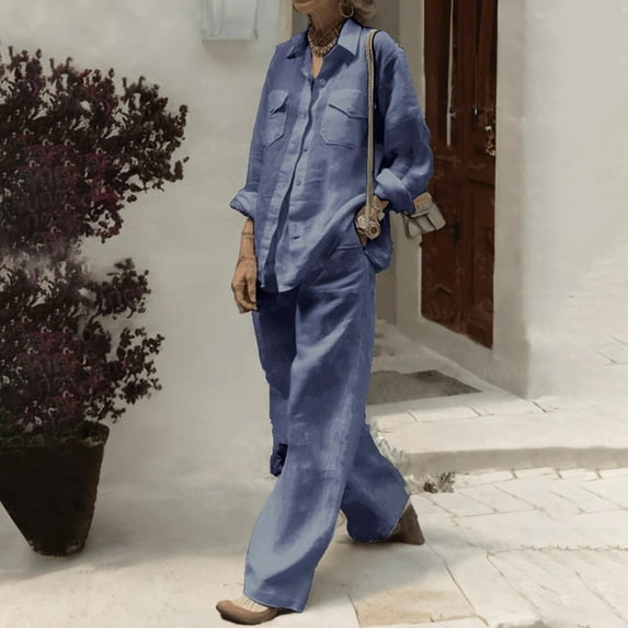 Fartey Plus Size Womens 2 Piece Cotton Linen Sets Solid Color Button Lapel Shirts and Comfy Wide Leg Pants Fashion Fall Lounge Set Suits