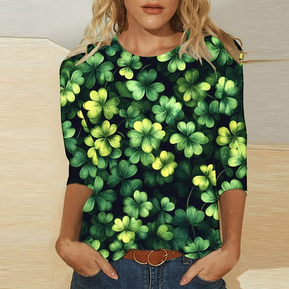 Fartey Plus Size Womens 3/4 Sleeve Crew Neck Shirts Cute Shamrock Print Holiday T Shirts Dressy Casual Summer Blouse Slim Fit St Patricks Day Tunic Tops Multicolor S-5XL