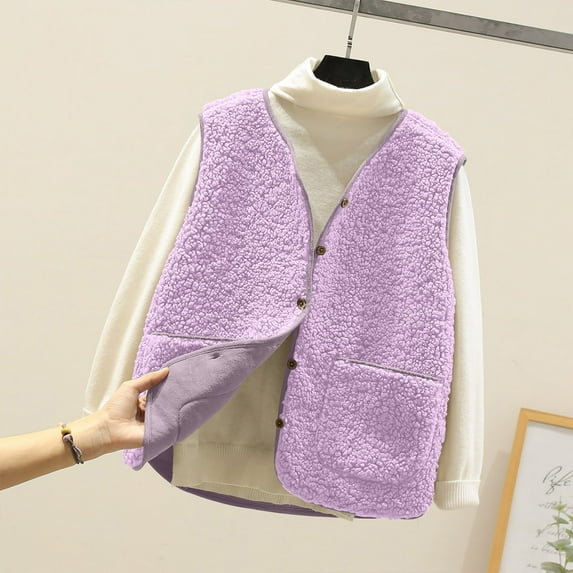 Fartey Plus Size Womens Fuzzy Fleece Vest Coat Fall Winter Warm Sleeveless Jackets Casual Solid Color Button Waistcoat Outerwear with Pockets 3XL