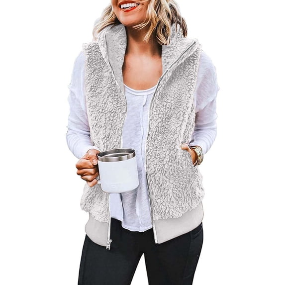 Fartey Plus Size Womens Fuzzy Fleece Vest Winter Warm Sleeveless Zip Up Sherpa Vest Jacket with Pockets Soft Lightweight Cozy Solid Color Waistcoat Outerwear Gray 2XL