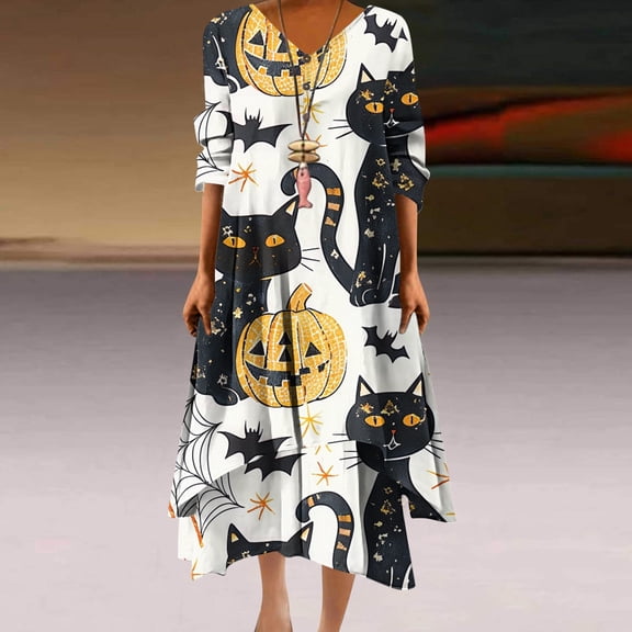 Fartey Plus Size Womens Halloween Maxi Dresses Fashion Fall 3/4 Sleeve Dress Elegant Button V Neck Double Layer Hem Dresses Funny Pumpkin Print Dress