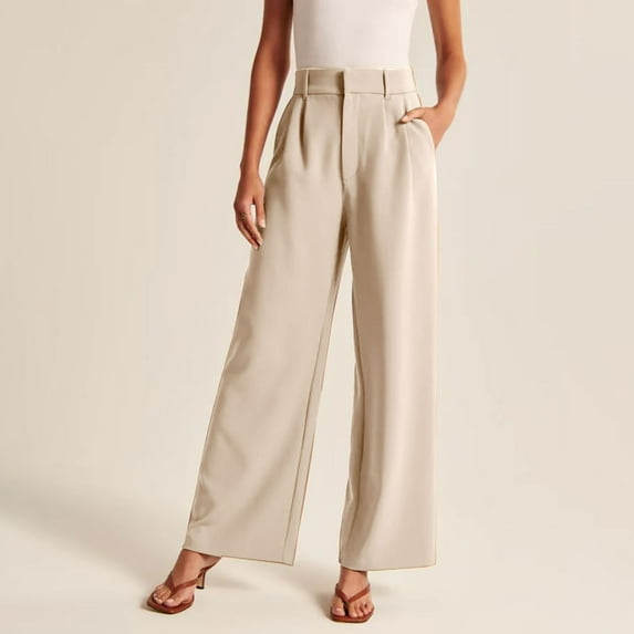 Fartey Plus Size Womens High Waist Work Pants Slim Straight Leg Stretchy Waist Business Casual Pants Summer Solid Color Button Wide Leg Trousers with Pockets,Beige,3XL-5XL