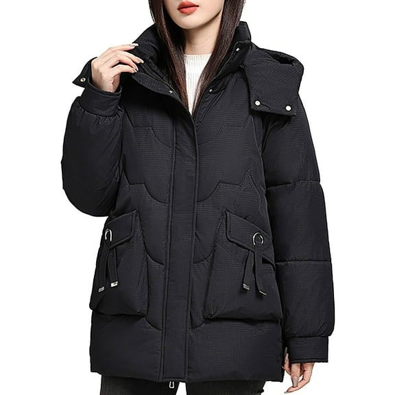 Fartey Plus Size Womens Hooded Puffer Coat Oversized Quilted Down Jacket Fall Winter Full Zip Warm Coats Loose Fit Solid Color Long Sleeve Thick Outerwear with Pockets