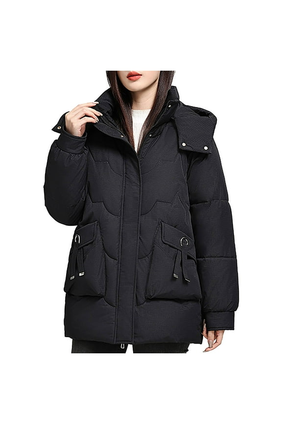Plus Size Womens Hooded Puffer Coat Oversized Quilted Down Jacket Fall Winter Full Zip Warm Coats Loose Fit Solid Color Long Sleeve Thick Outerwear with Pockets