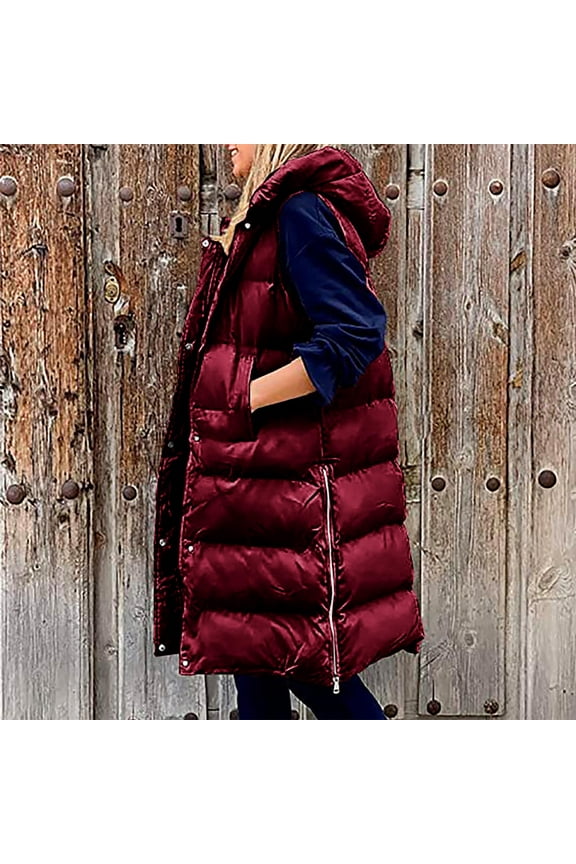 Plus Size Womens Long Puffer Vest 2025 Full-Zip Hooded Sleeveless Down Jacket Winter Warm Knee Length Coat with Pockets Fashion Solid Color Thickened Vest Coats XL