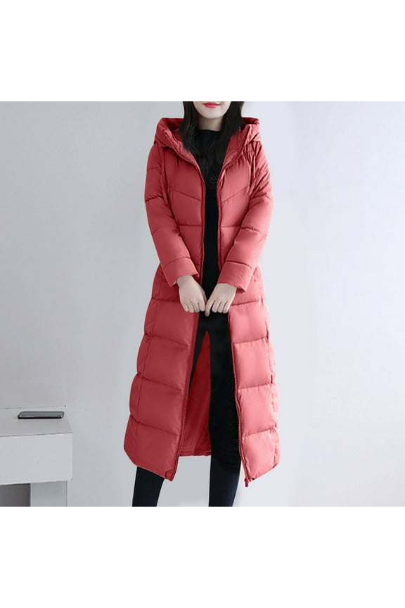Plus Size Womens Long Quilted Coat Maxi Length Long Sleeve Puffer Jacket Solid Color Full Zip Hooded Padded Coats Thick Warm Winter Outerwear with Pockets