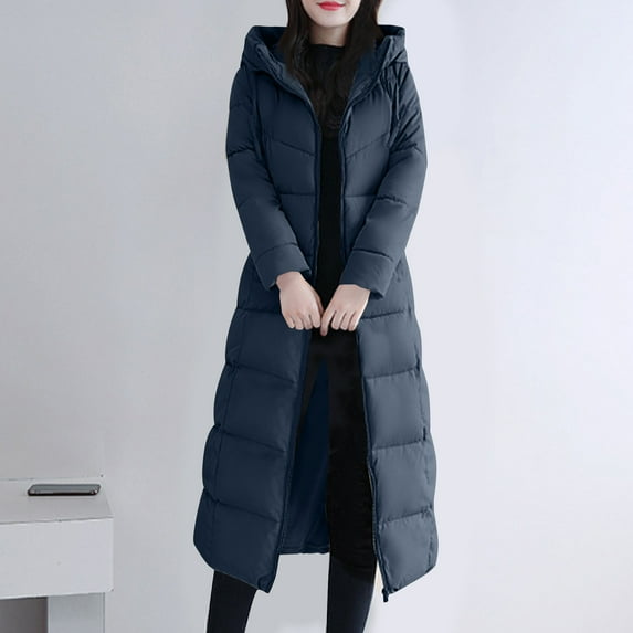 Fartey Plus Size Womens Long Quilted Coat Maxi Length Long Sleeve Puffer Jacket Solid Color Full Zip Hooded Padded Coats Thick Warm Winter Outerwear with Pockets