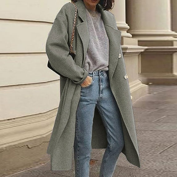 Fartey Plus Size Womens Long Trench Coat Winter Lapel Double Breasted Long Pea Coats Dressy Casual Casual Work Office Long Sleeve Overcoat with Pockets