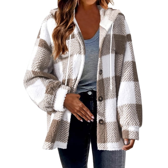 Fartey Plus Size Womens Plaid Fleece Shacket Jacket Oversized Flannel Button Down Fall Hoodie Jackets with Drawstring Warm Winter Coats Khaki XL