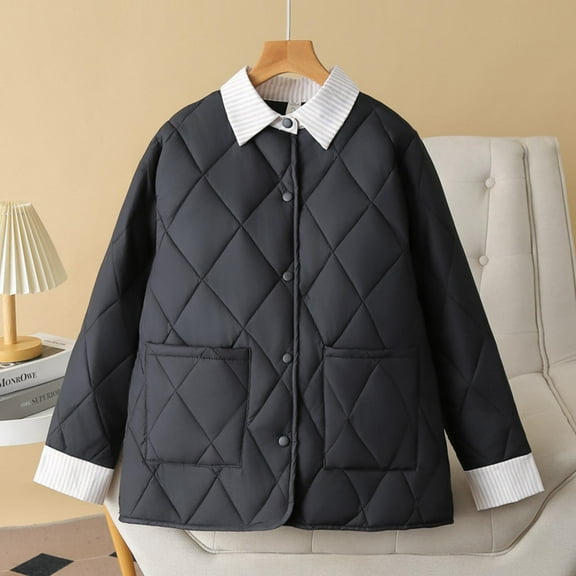 Fartey Plus Size Womens Quilted Coat Dressy Casual Button Down Lapel Jacket Trendy Patchwork Diamond Jacket Loose Fit Long Sleeve Winter Coats with Pockets