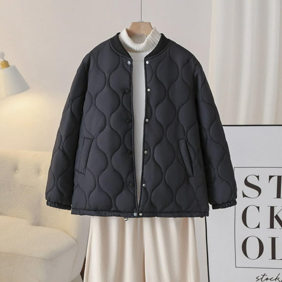 Fartey Plus Size Womens Quilted Jacket Coat Casual Crew Neck Button Up Winter Coats Lightweight Winter Solid Color Long Sleeve Outwear with Pockets