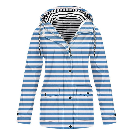 Fartey Plus Size Womens Rain Jackets Lightweight Zip Up Raincoat Strip Hooded Coats Water Proof Travel Windbreaker Drawstring Outdoor Coats with Pockets
