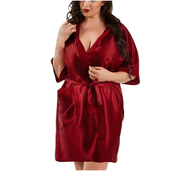 Fartey Plus Size Womens Silk Robe Loose Casual Short Sleeve Loungewear Sleepwear V Neck Nightgown Soft Comfy Solid Color Satin Sleep Dress with Belt and Pockets Red M
