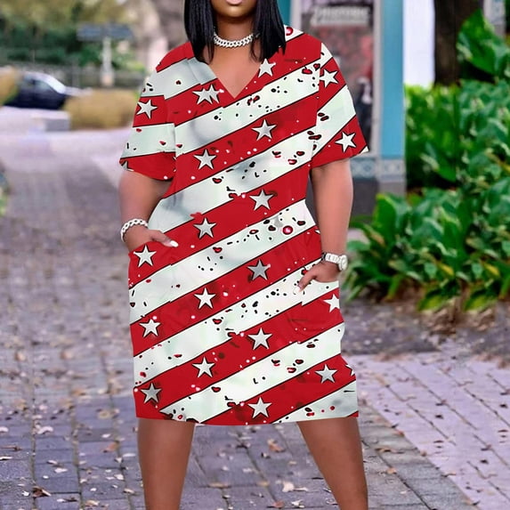 Fartey Plus Size Womens Stars Stripes Print Dresses Summer Short Sleeve V Neck Beach Holiday Sundress Casual Loose Independence Day Swing Midi Dress with Pockets