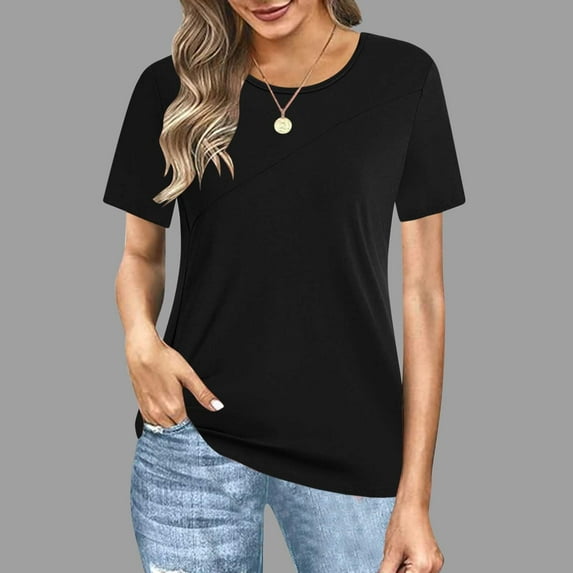 Fartey Plus Size Womens Summer Casual Shirts Fashion Simple Short Sleeve Solid Color Tops Loose Comfy Crew Neck T Shirts Soft Comfy Daily Blouses Black 3XL