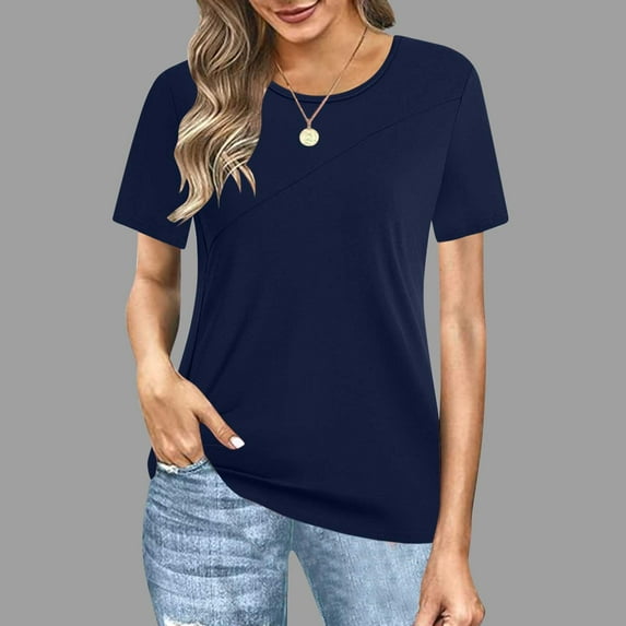 Fartey Plus Size Womens Summer Casual Shirts Fashion Simple Short Sleeve Solid Color Tops Loose Comfy Crew Neck T Shirts Soft Comfy Daily Blouses Navy L
