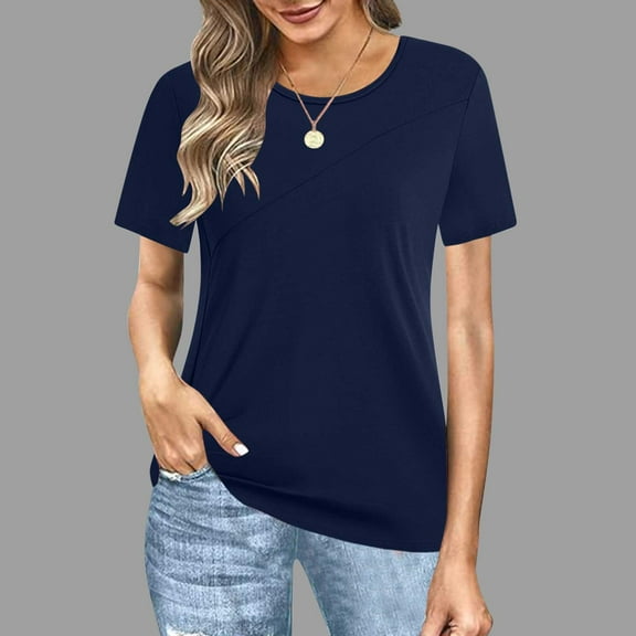 Fartey Plus Size Womens Summer Casual Shirts Fashion Simple Short Sleeve Solid Color Tops Loose Comfy Crew Neck T Shirts Soft Comfy Daily Blouses Navy L