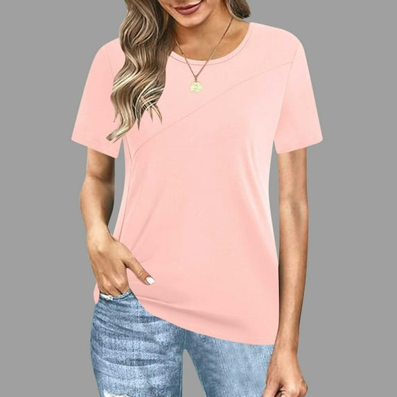 Fartey Plus Size Womens Summer Casual Shirts Fashion Simple Short Sleeve Solid Color Tops Loose Comfy Crew Neck T Shirts Soft Comfy Daily Blouses Pink 5XL