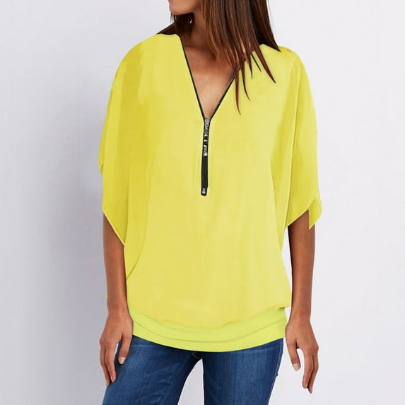 Fartey Plus Size Womens Summer Chiffon Tops Dressy Casual Half Zip V Neck T Shirts Fashion Elegant Batwing Short Sleeve Shirts Loose Comfy Solid Color Business Work Blouses Yellow 4XL