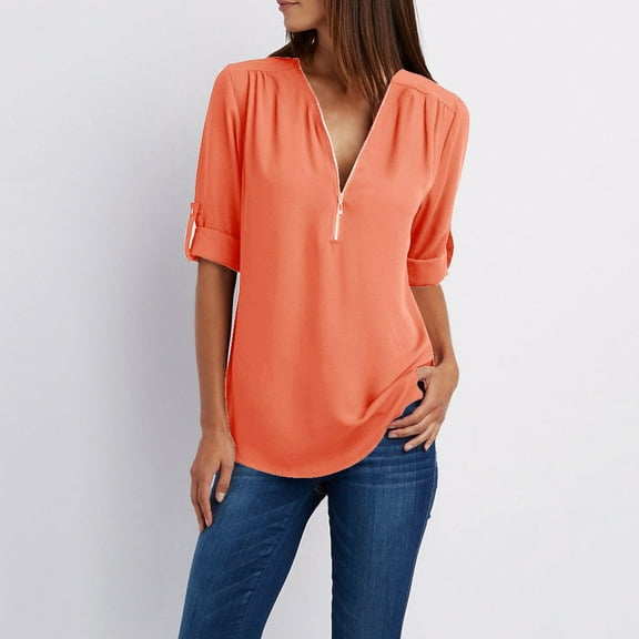 Fartey Plus Size Womens Tops Summer Fashion 2025 Half Zipper Solid Color Shirts Slim Fit Short Sleeve V Neck T Shirts Loose Lightweight Chiffon Blouses Orange XL