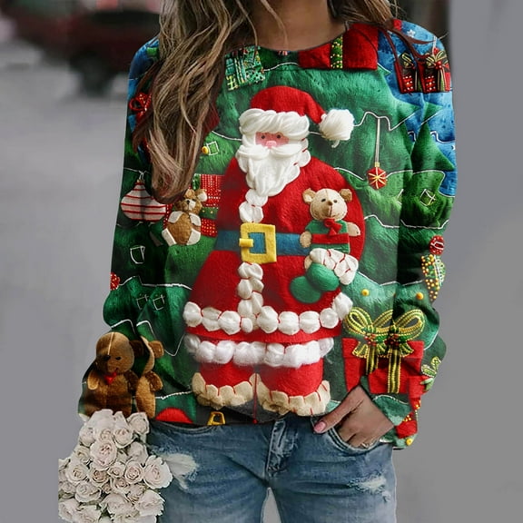 Fartey Plus Size Womens Ugly Christmas Sweatshirt Funny Cute Xmas Tree Santa Print Shirts Dressy Casual Long Sleeve Crew Neck Pullover Tops Loose Comfy Holiday Blouses