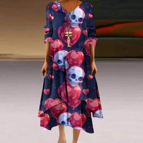 Fartey Plus Size Womens Vintage Halloween Maxi Dresses Horror Skeleton Print Dress Fall 3/4 Sleeve Swing Dress Elegant Button V Neck Pullover Dress Loose Flowy Irregular Layered Hem Dresses
