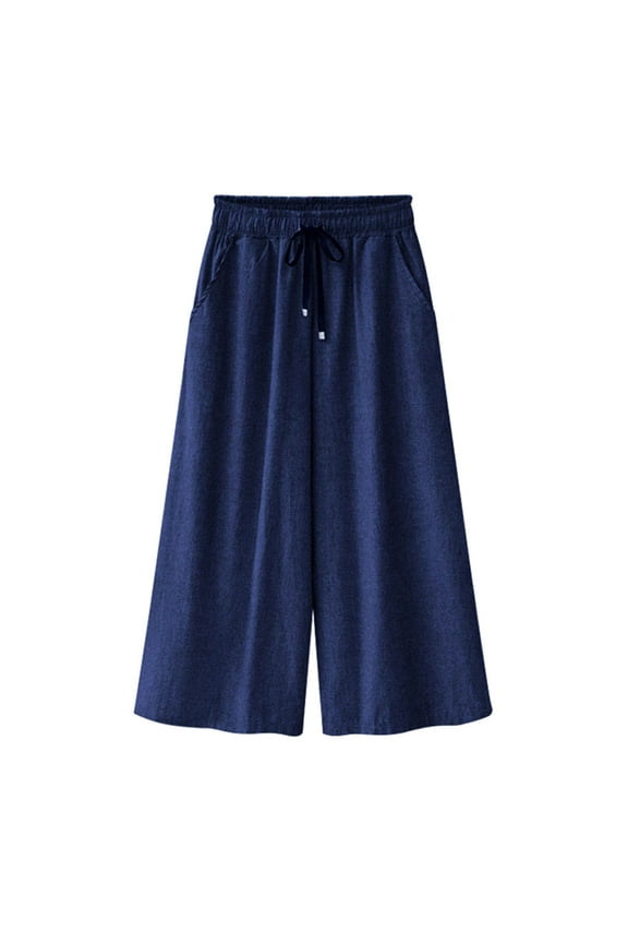 Plus Size Womens Wide Leg Capri Jeans Fashion Drawstring Elastic Waist Cropped Denim Pants Casual Loose Solid Color Culottes with Pockets,Dark Blue,XXL