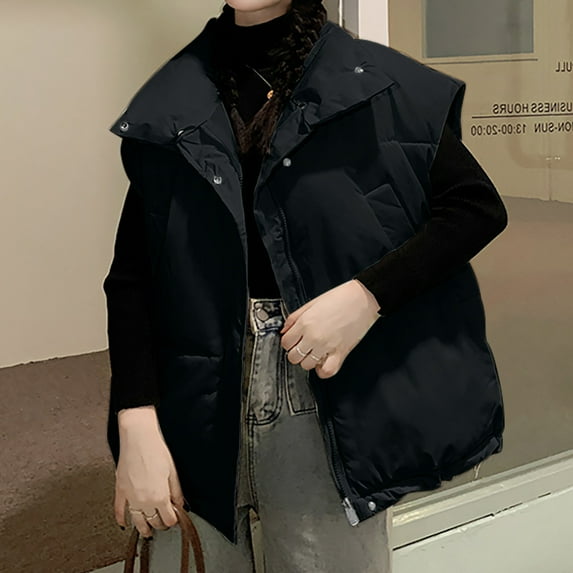 Fartey Plus Size Womens Winter Puffer Vest Oversized Quilted Stand Collar Zip Up Padded Gilet Coat with Pockets Solid Color Sleeveless Warm Coats