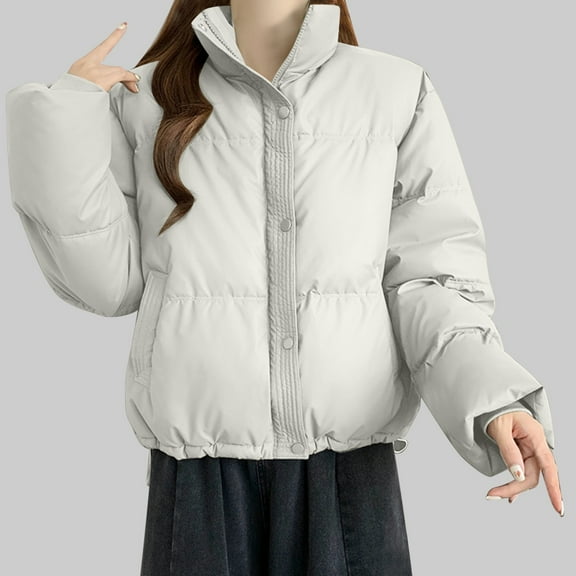 Fartey Puffer Coat for Women Oversized Zip Up Stand Collar Warm Quilted Jackets Loose Casual Long Sleeve Cropped Down Outerwear Winter Warm Coat with Pockets