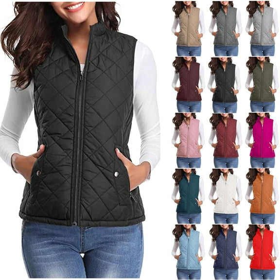 Fartey Puffer Vest for Women Lightweight Stand Collar Gilet Quilted Zip Vest Winter Sleeveless Down Jackets Solid Color Warm Vests Outerwear with Pockets Army Green S-2XL