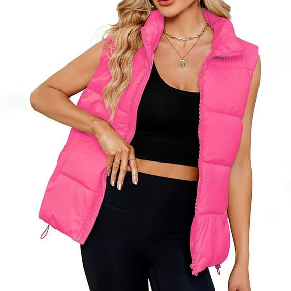 Fartey Puffer Vest for Women Trendy Solid Color Sleeveless Stand Collar Jacket Oversized Zip Up Padded Puffy Winter Gilet Loose Fit Outerwear Vests with Pockets