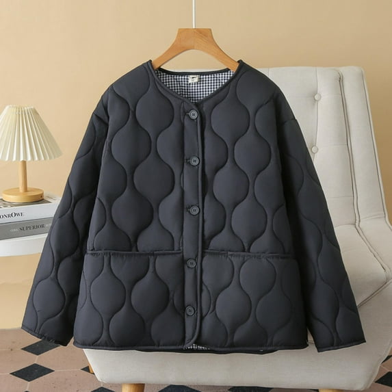 Fartey Quilted Jackets for Women Plus Size Dressy Casual Button Down Solid Color Puffer Jacket Lightweight Comfy Long Sleeve Coats Loose Fit Winter Coat with Pockets