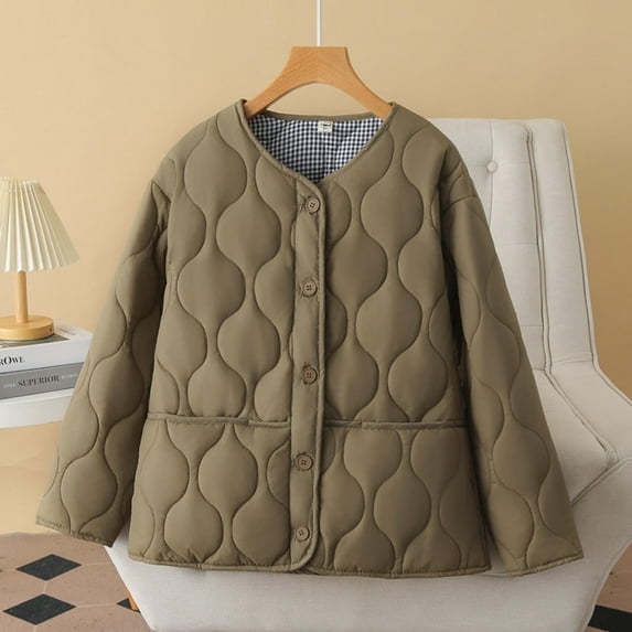 Fartey Quilted Jackets for Women Plus Size Dressy Casual Button Down Solid Color Puffer Jacket Lightweight Comfy Long Sleeve Coats Loose Fit Winter Coat with Pockets