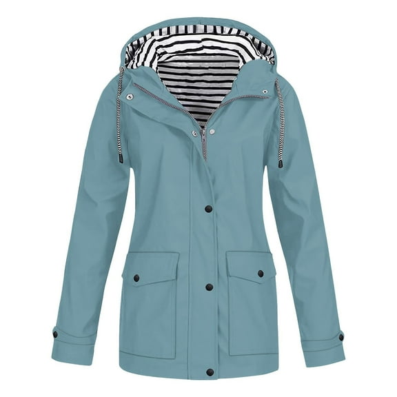 Fartey Rain Coats for Women Plus Size Waterproof Drawstring Hoodie Jacket Windproof Solid Color Windbreaker Lightweight Long Sleeve Raincoat with Pockets