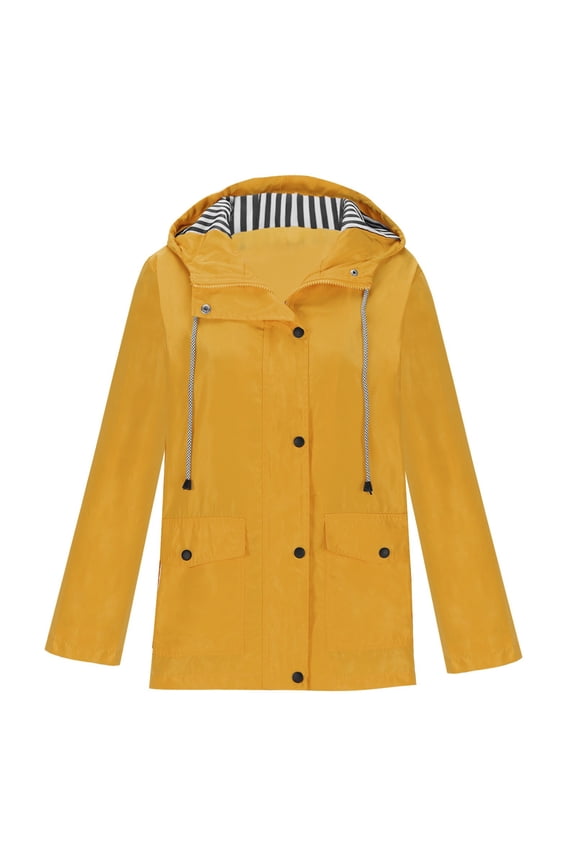 Rain Jacket for Women Plus Size Waterproof Lightweight Hooded Raincoats Trendy Striped Lined Windbreaker Outdoor Jackets with Pockets Yellow L