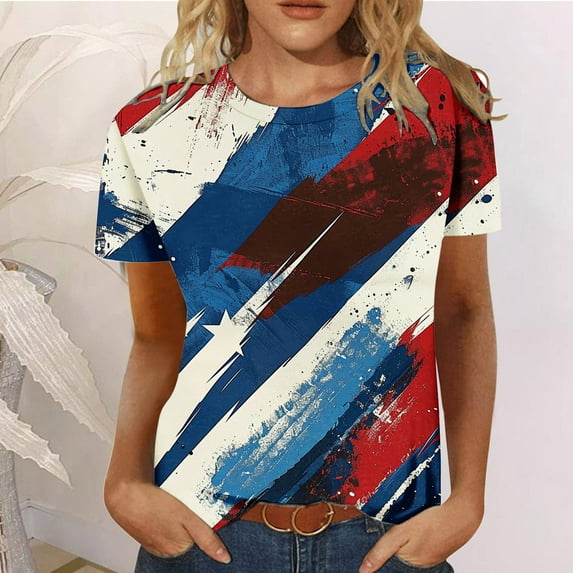 Fartey Red White Blue Shirts for Women 4th of July Patriotic T Shirt Summer Short Sleeve Crew Neck Tops Funny Graphic Tees Dressy Casual Holiday Tshirts Blue XXXL