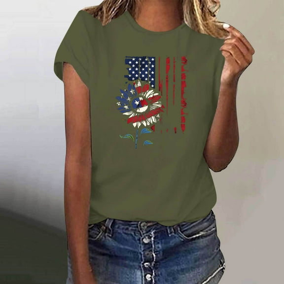 Fartey Red White and Blue Shirts for Women American Flag Sunflower Graphic Tees 4th of July Short Sleeve Tops Independence Day Crew Neck T Shirt Army Green S