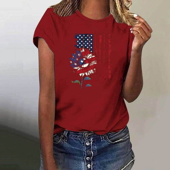 Fartey Red White and Blue Shirts for Women American Flag Sunflower Graphic Tees 4th of July Short Sleeve Tops Independence Day Crew Neck T Shirt Red XL